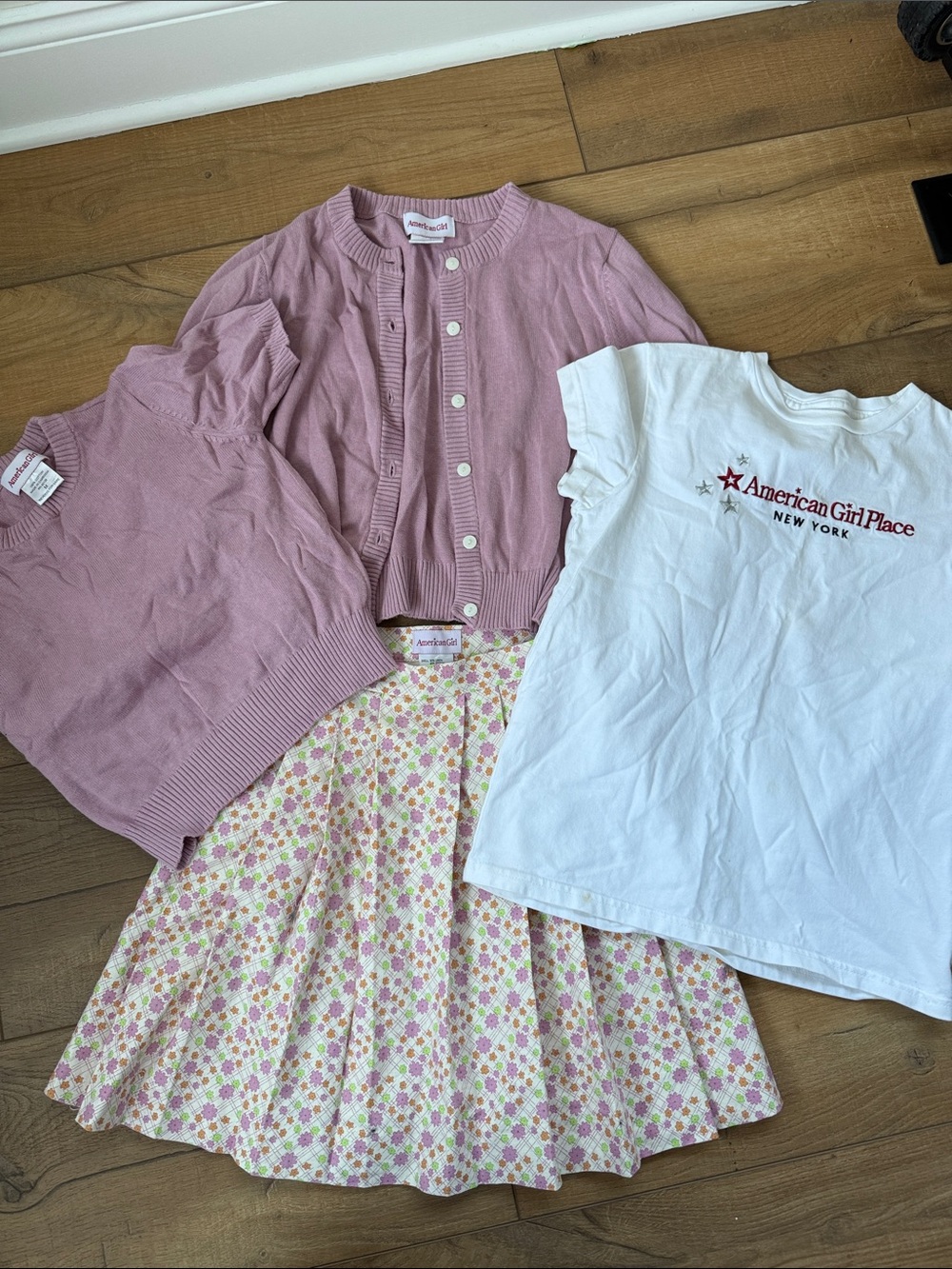 3 piece American Girl Knit Button Cardigan & floral Skirt set Kitt Kittredge
